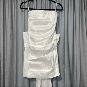 white, strapless dress with bow